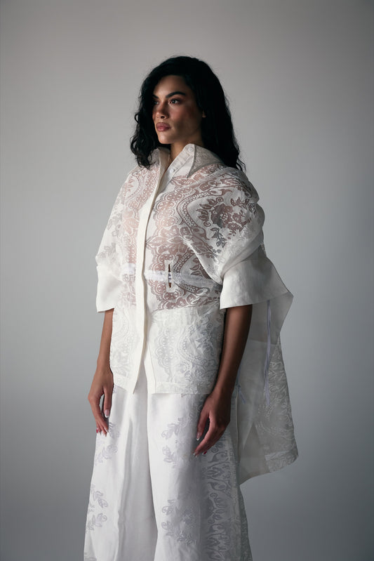 Model wearing White Sheer Lace Shawl, Blouse & Floral-Embroidered Trousers — view 2, Doha Zaitoon