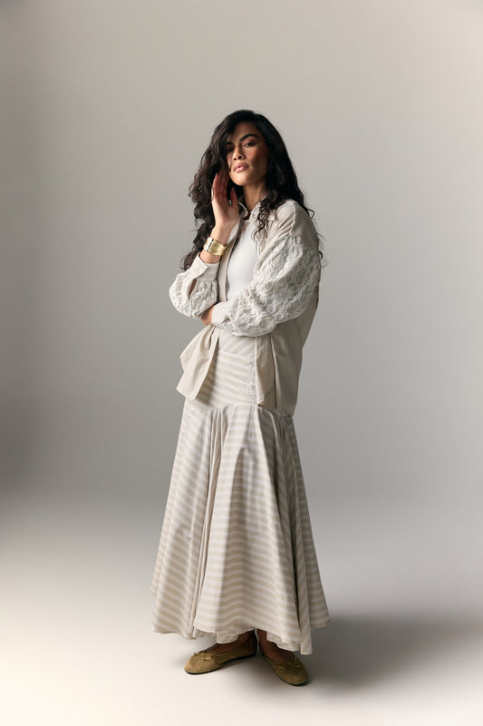 Model wearing Beige Pinstripe Shirt-Jacket & Trumpet Skirt Set — view 1, Doha Zaitoon