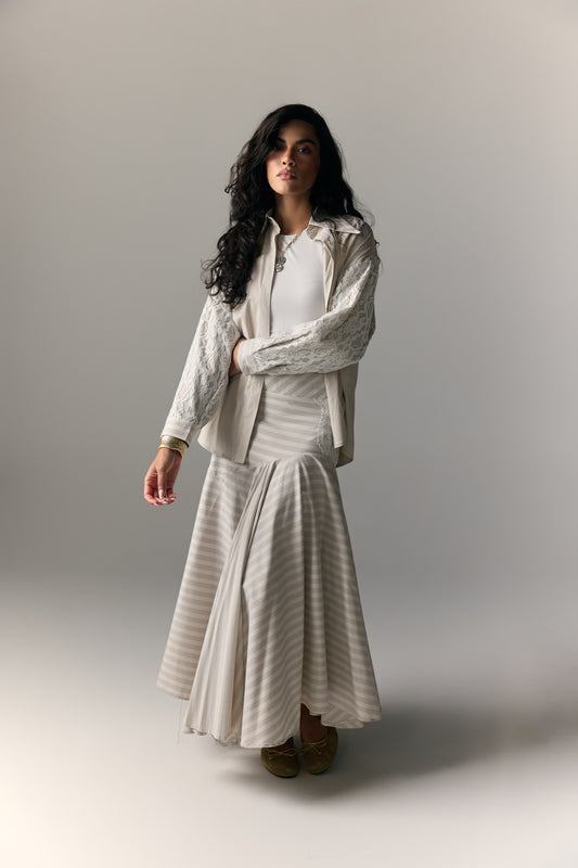 Model wearing Beige Pinstripe Shirt-Jacket & Trumpet Skirt Set — view 2, Doha Zaitoon