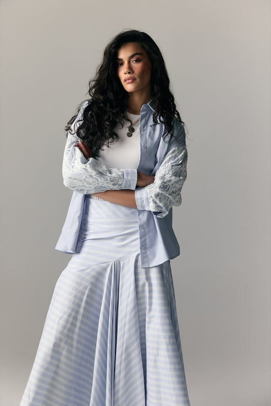 Model wearing Blue Pinstripe Shirt-Jacket & Trumpet Skirt Set — view 2, Doha Zaitoon