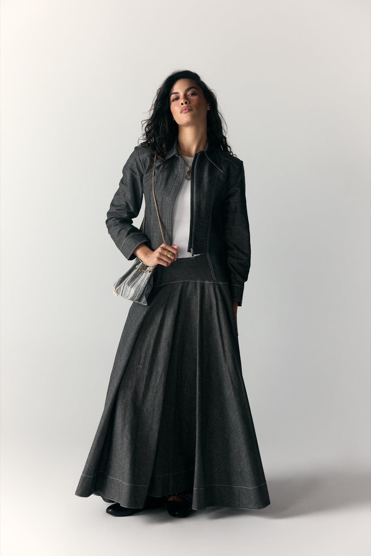 Model wearing Charcoal Denim Moto Jacket & Maxi Skirt — view 3, Doha Zaitoon