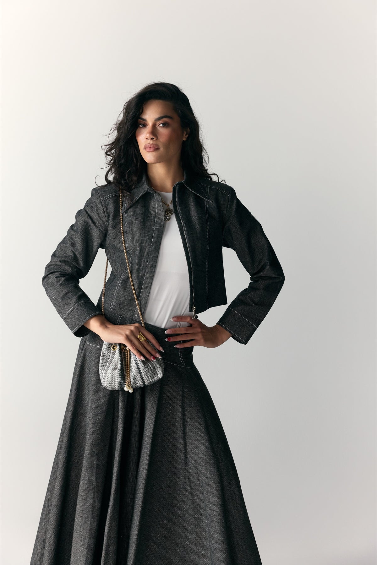 Model wearing Charcoal Denim Moto Jacket & Maxi Skirt — view 4, Doha Zaitoon