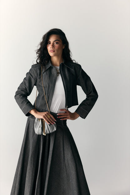Model wearing Charcoal Denim Moto Jacket & Maxi Skirt — view 4, Doha Zaitoon