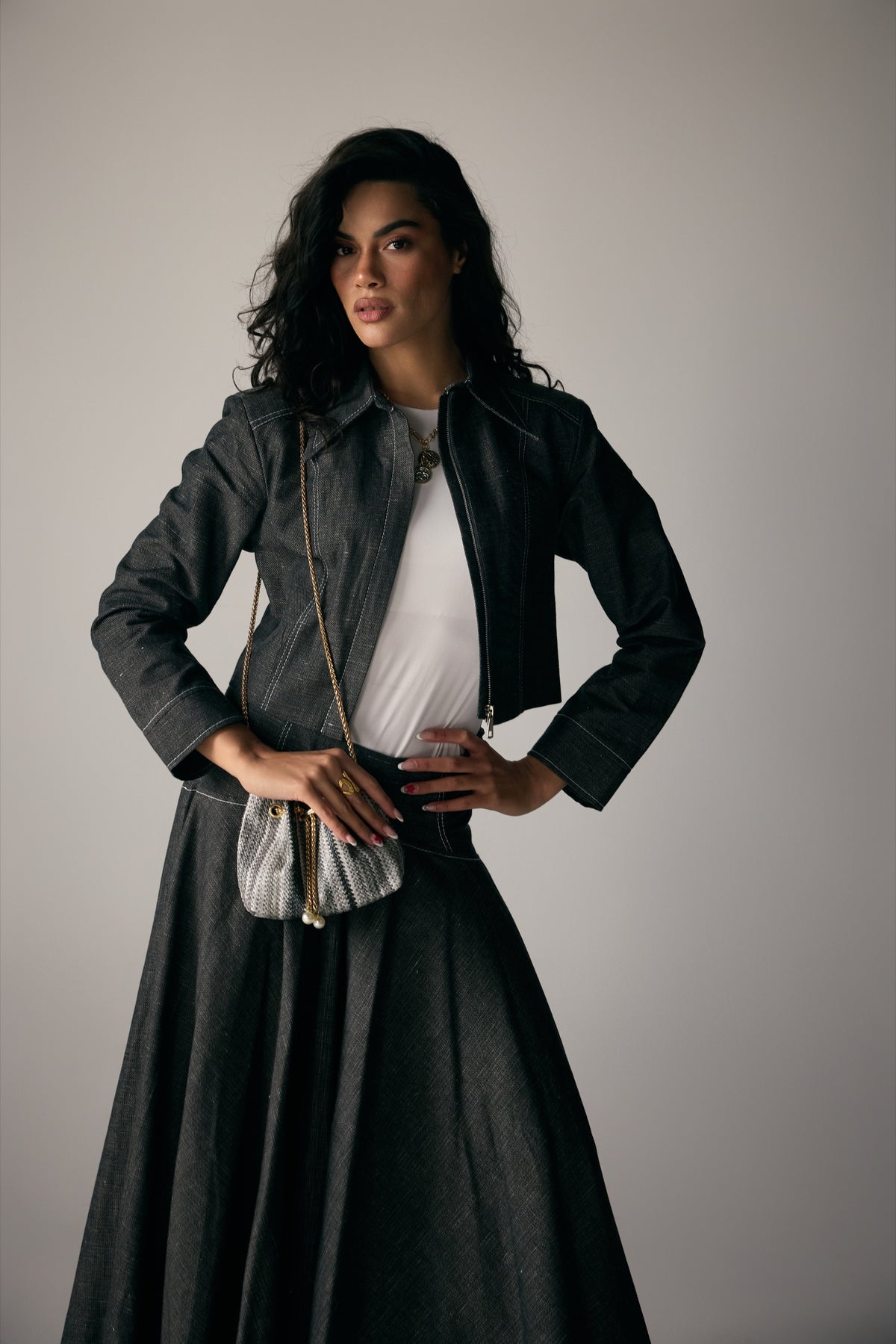 Model wearing Charcoal Denim Moto Jacket & Maxi Skirt — view 5, Doha Zaitoon