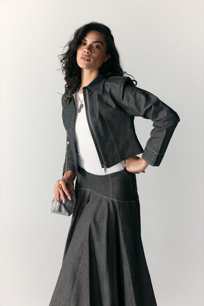 Model wearing Charcoal Denim Moto Jacket & Maxi Skirt — view 6, Doha Zaitoon