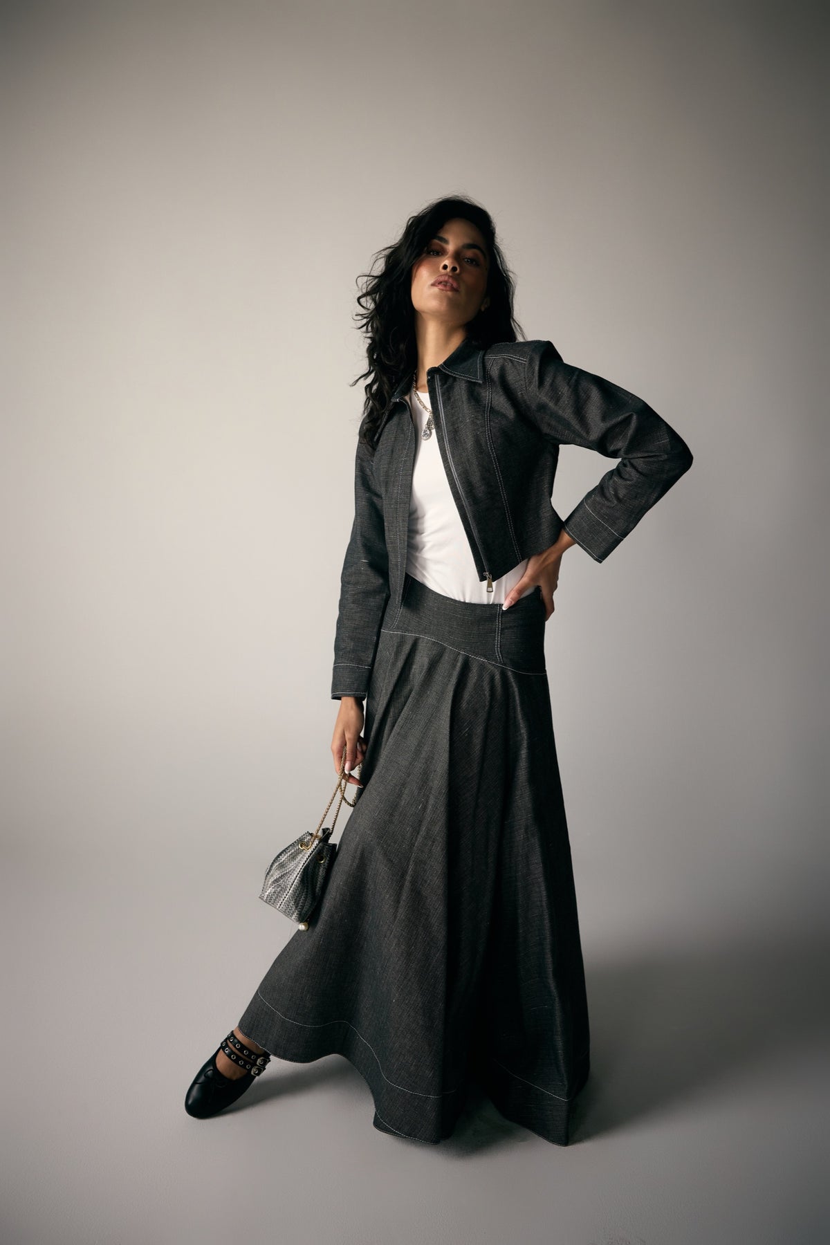 Model wearing Charcoal Denim Moto Jacket & Maxi Skirt — view 7, Doha Zaitoon