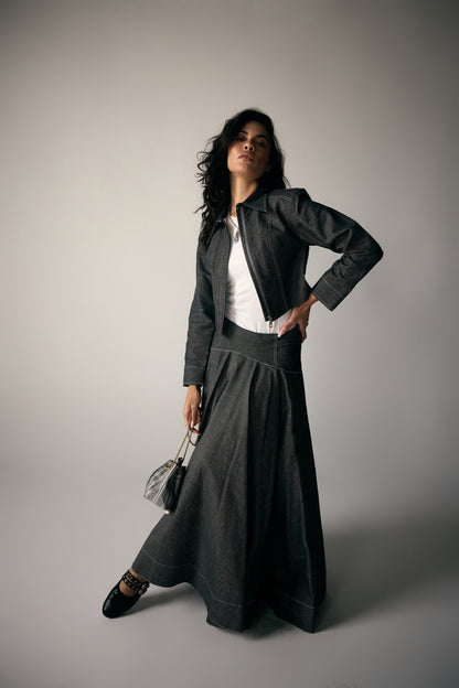 Model wearing Charcoal Denim Moto Jacket & Maxi Skirt — view 7, Doha Zaitoon