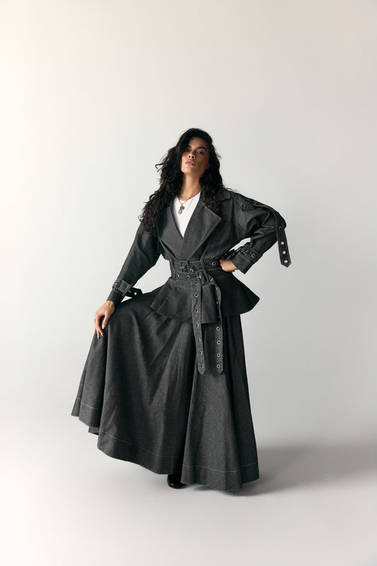 Model wearing Charcoal Grommet Peplum Jacket & Maxi Skirt — view 2, Doha Zaitoon