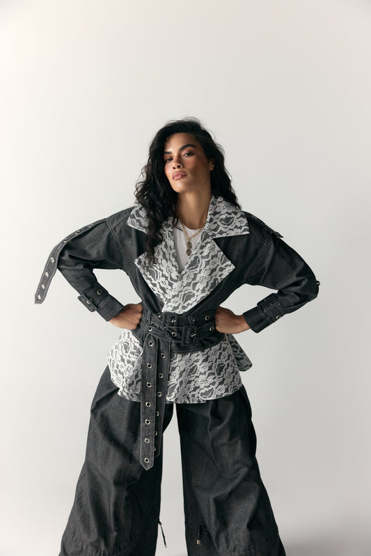 Model wearing Grey Lace-Inset Statement-Collar Jacket & Black Wide-Leg Trousers — view 2, Doha Zaitoon