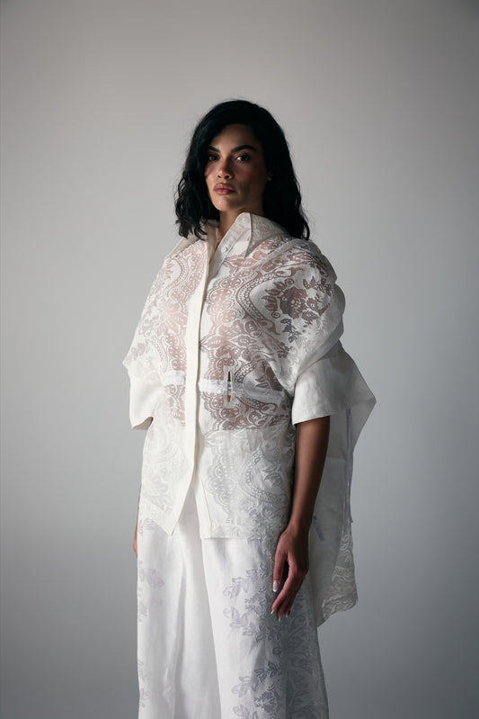Model wearing Ivory Sheer Lace Shawl, Slip Top & Skirt Set — view 1, Doha Zaitoon