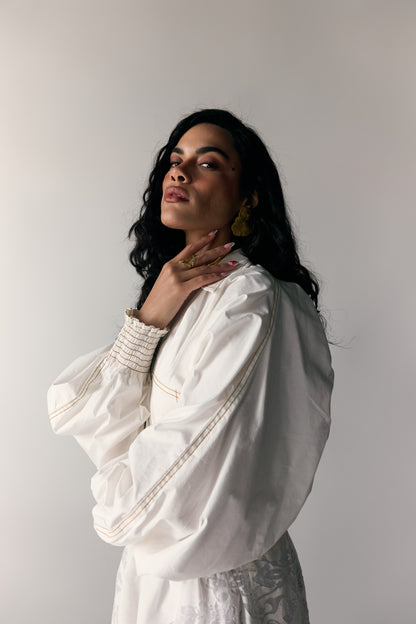 Model wearing White Floral-Jacquard Jumpsuit Dress — view 10, Doha Zaitoon