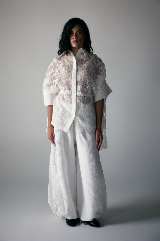 Model wearing White Sheer Lace Shawl, Blouse & Floral-Embroidered Trousers — view 1, Doha Zaitoon